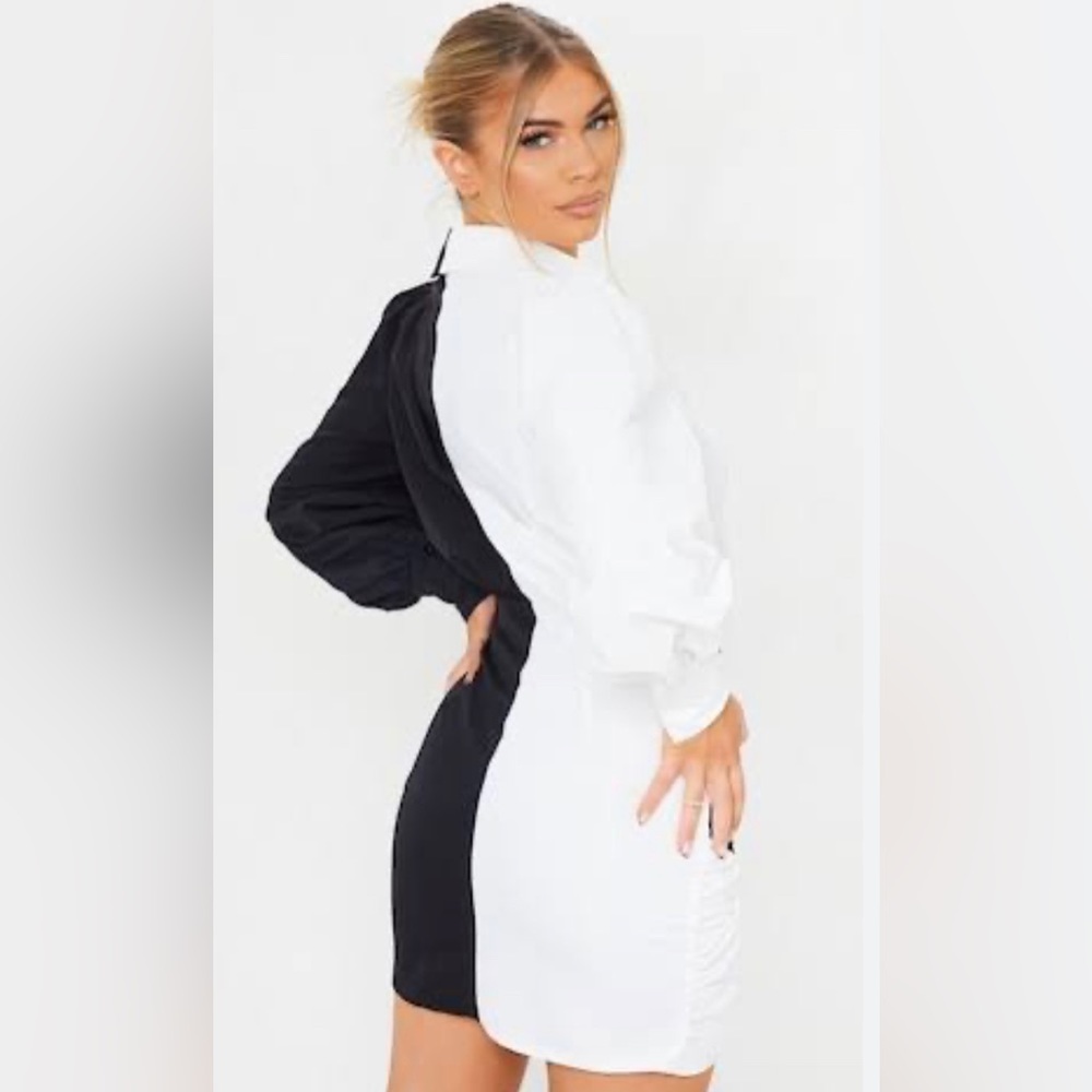 MONOCHROME CONTRAST DETAIL LONG SLEEVE SHIRT DRESS - Picture 2 of 7